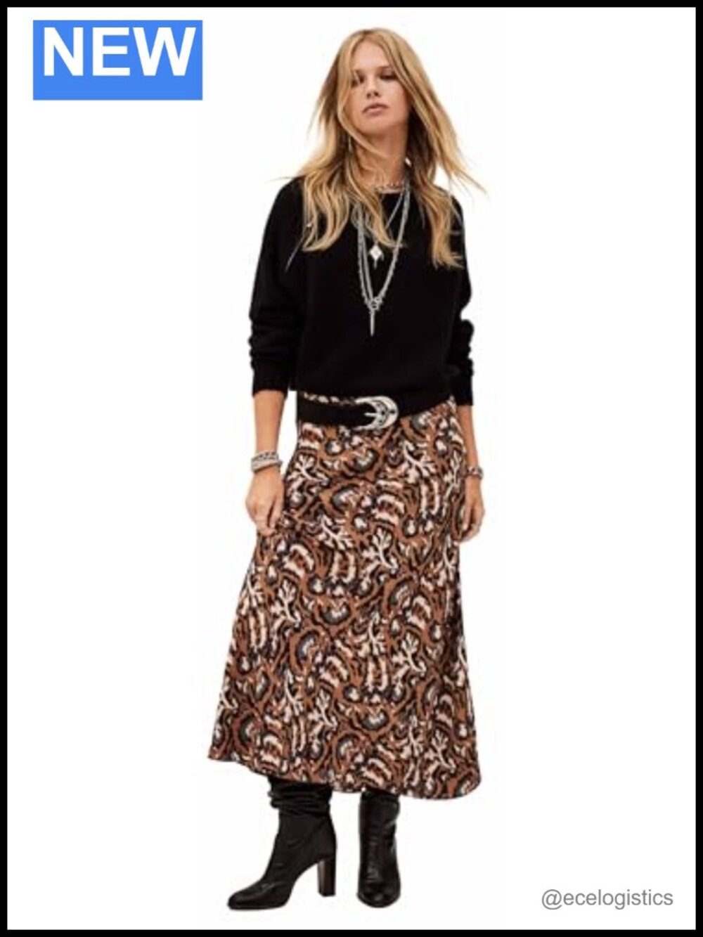 Midi Skirt with Floral Print - Machine Washable
